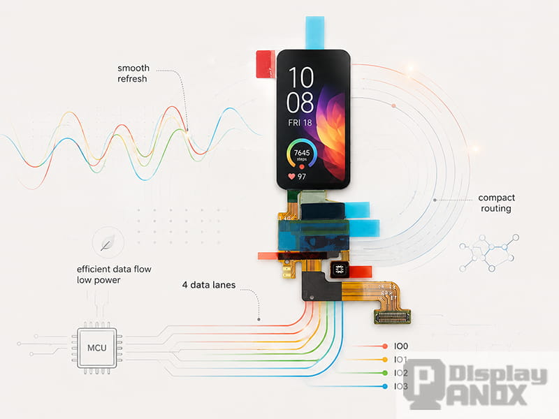 1.47-inch AMOLED display module illustration showing QSPI four data lanes, smooth refresh, compact routing, and efficient low-power data flow.