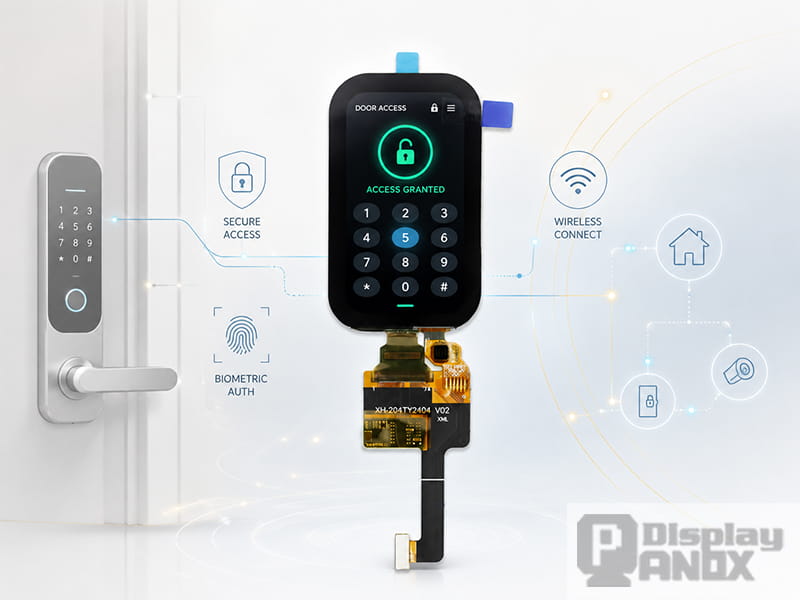 2.04-inch AMOLED display module for security devices and electronic locks, showing access control, keypad input, biometric authentication, and wireless connection UI.