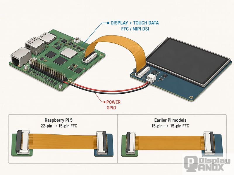 Raspberry Pi DSI display diagram showing FFC for display and touch data, GPIO power, and different FFC cables for Pi 5 and earlier models.