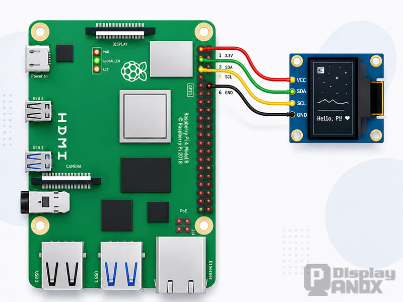 Raspberry Pi 4 connected to an SSD1306 OLED display module through the I2C interface with VCC, GND, SDA, and SCL wiring.