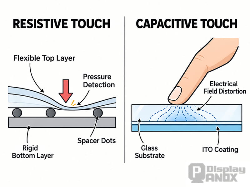 Diagram comparing resistive and capacitive touch screens, showing pressure-based detection and capacitive sensing through electric field changes.