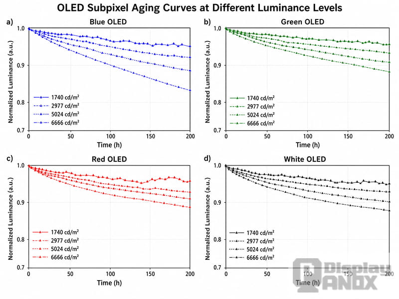 RGB OLED subpixel aging curves at different initial luminance levels