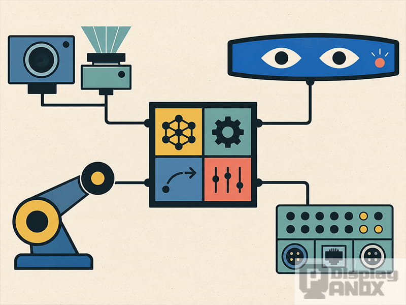 Robot control system connecting vision sensors, a robotic arm, industrial I/O and a flexible face display