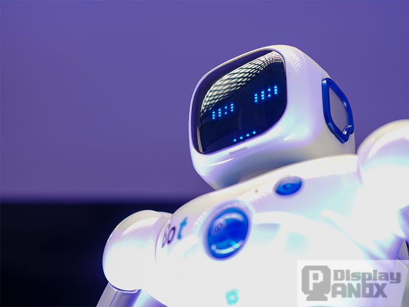 Service robot with a flexible OLED face display showing blue digital eyes
