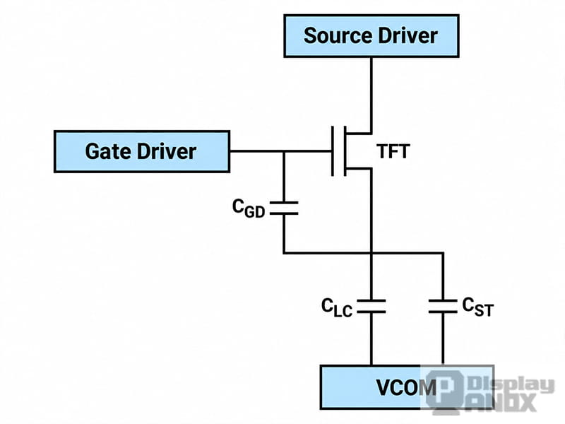 TFT LCD pixel driving circuit diagram showing the gate driver, source driver, TFT transistor, gate-drain capacitance (CGD), liquid crystal capacitance (CLC), storage capacitance (CST), and VCOM.