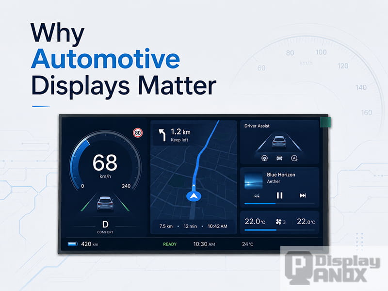 Automotive display panel showing driving information, navigation and vehicle control interface