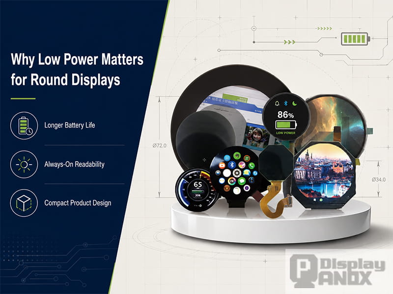 Round display product lineup showing low power, always-on readability and compact design for wearables and IoT devices.