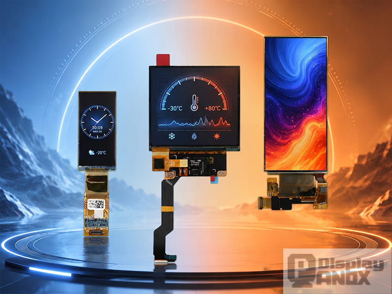 Three OLED display modules shown in a wide temperature operation concept with cold and hot environment lighting.